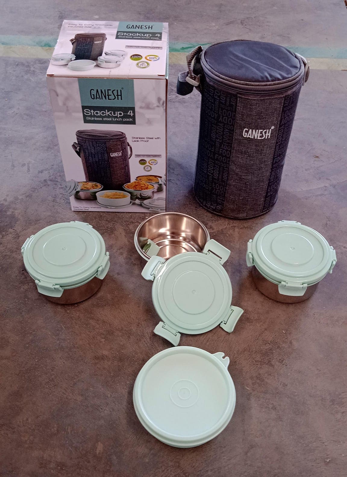 Ganesh 4In1 Tiffin Box-Lunch Box | 3 Stainless Steel Containers 300 Ml Approx & Plastic Salad Container 200 Ml Approx| Plastic Lid Box | Round Zip Bag | Leak Proof | Microwave Safe For Office thumbnail 7