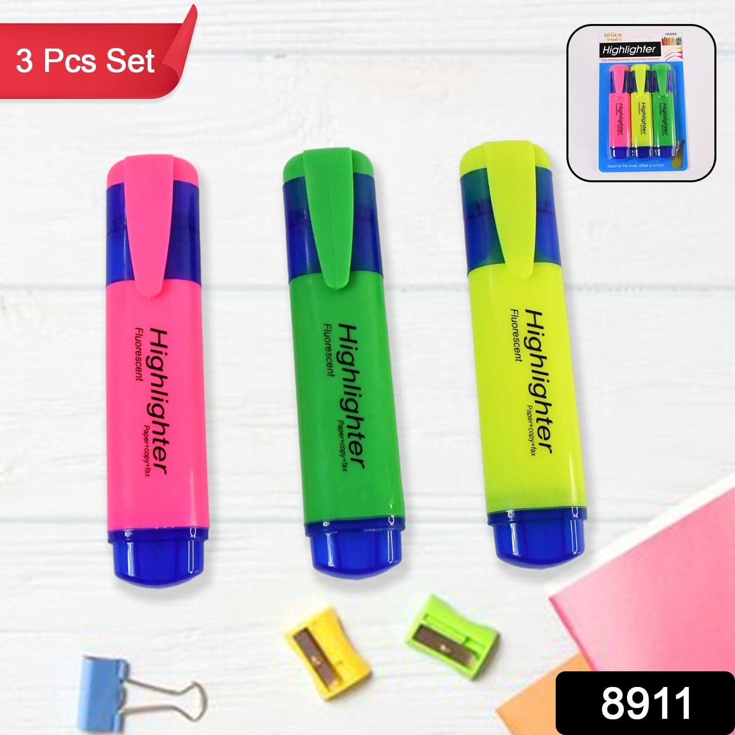 Highlighter Pen, Assorted Colours Water Based Broad Tip Writing Marker (3 Pcs Set) thumbnail 2