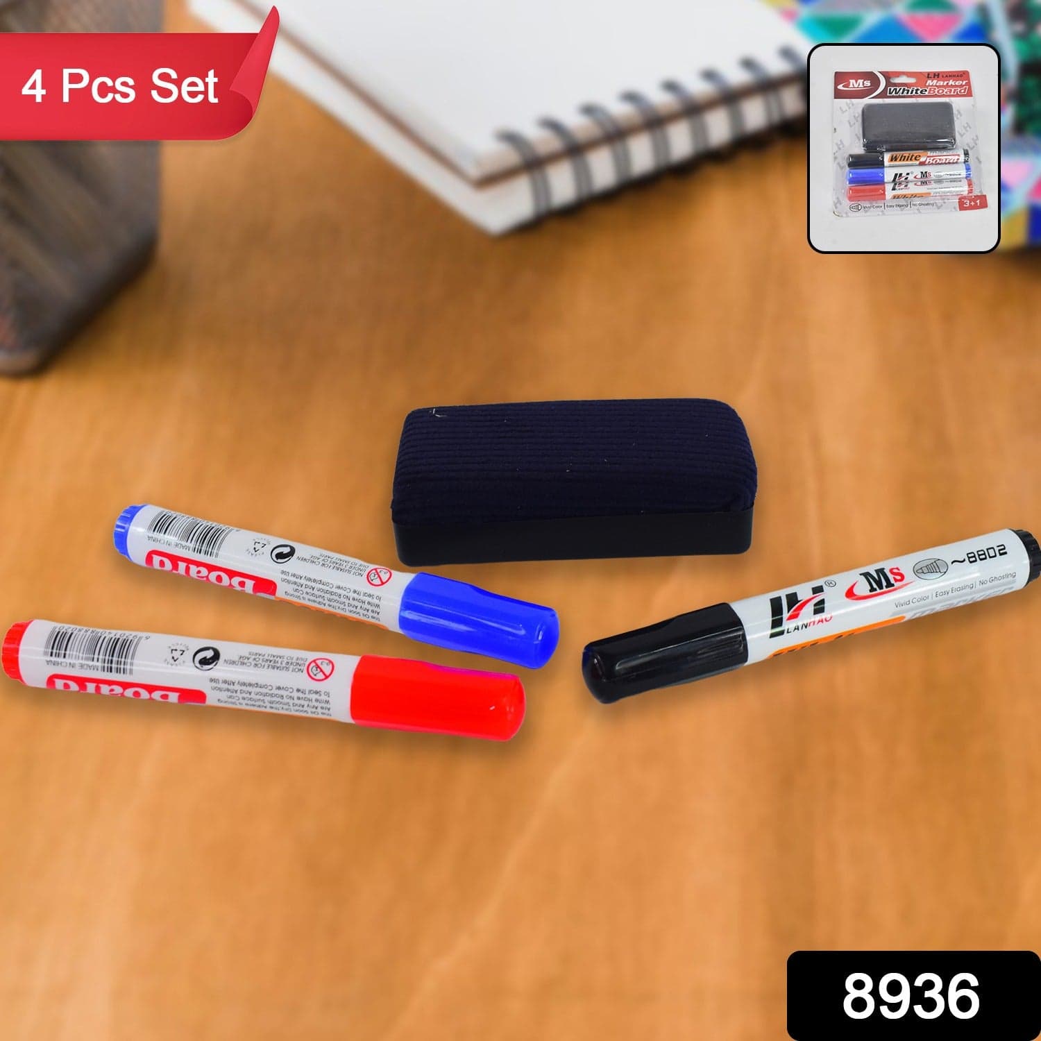 Whiteboard Marker Set (Blue, Black, Red) with Board Duster - Pack of 4 thumbnail 2