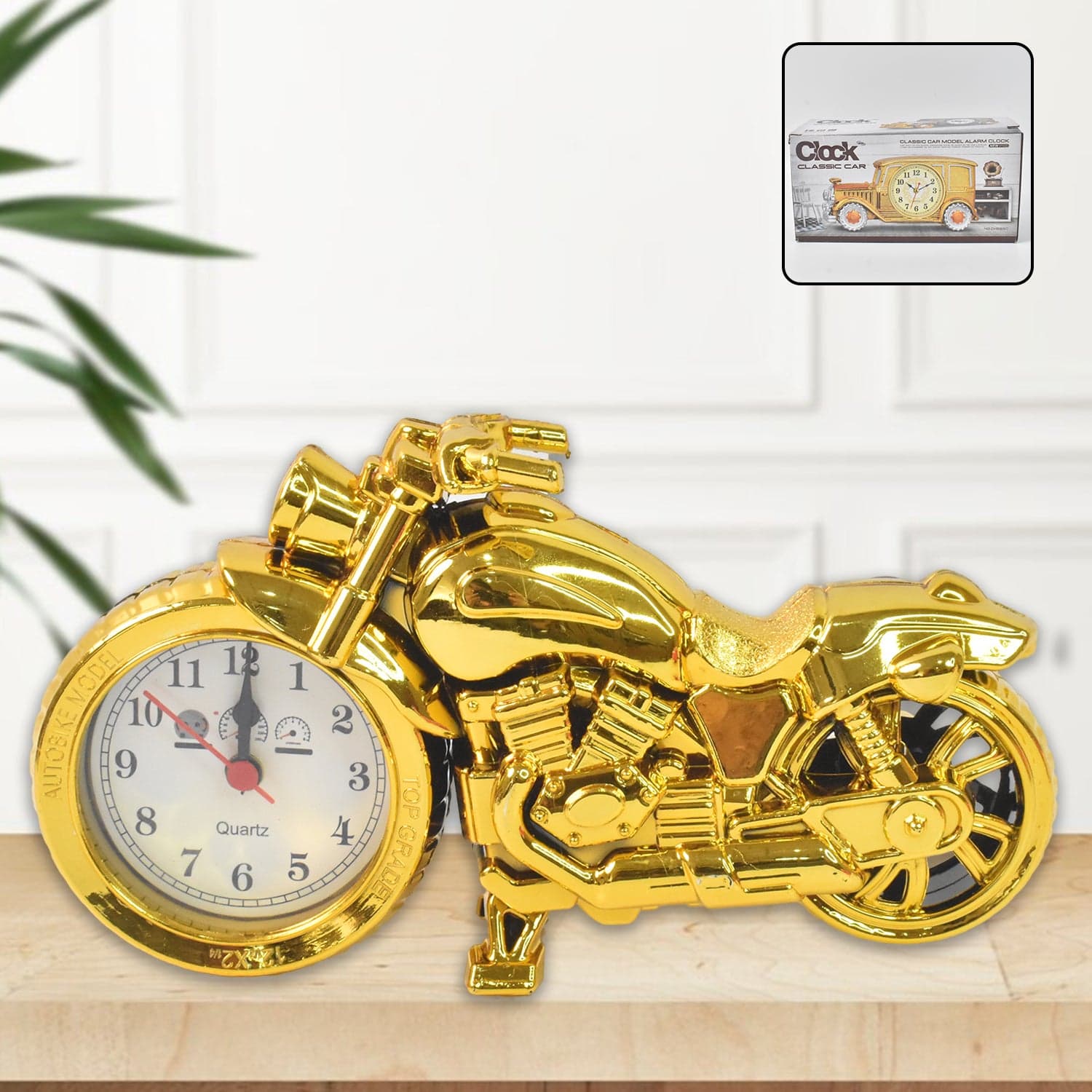 Golden Motorcycle Shape Alarm Clock, Motor Table Clock for Home Decor (1 Pc) thumbnail 1