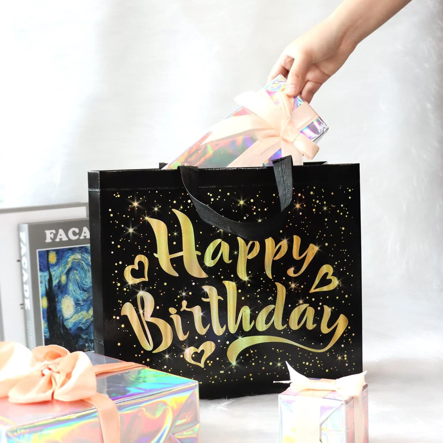 Birthday Gift Bag with Gold Shiny Stars, Reusable Party Gift Bags (1 Pc) thumbnail 3