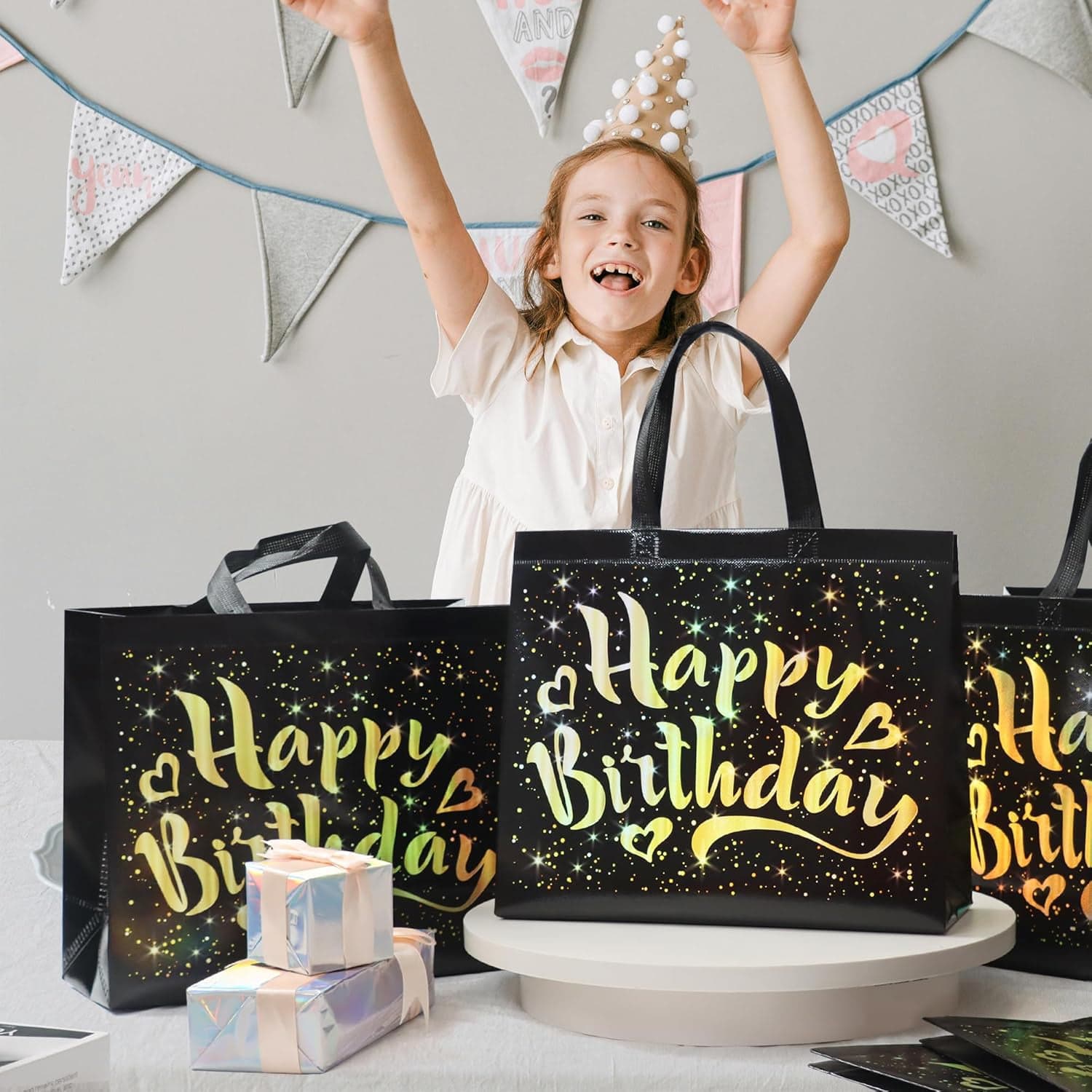 Birthday Gift Bag with Gold Shiny Stars, Reusable Party Gift Bags (1 Pc) thumbnail 4