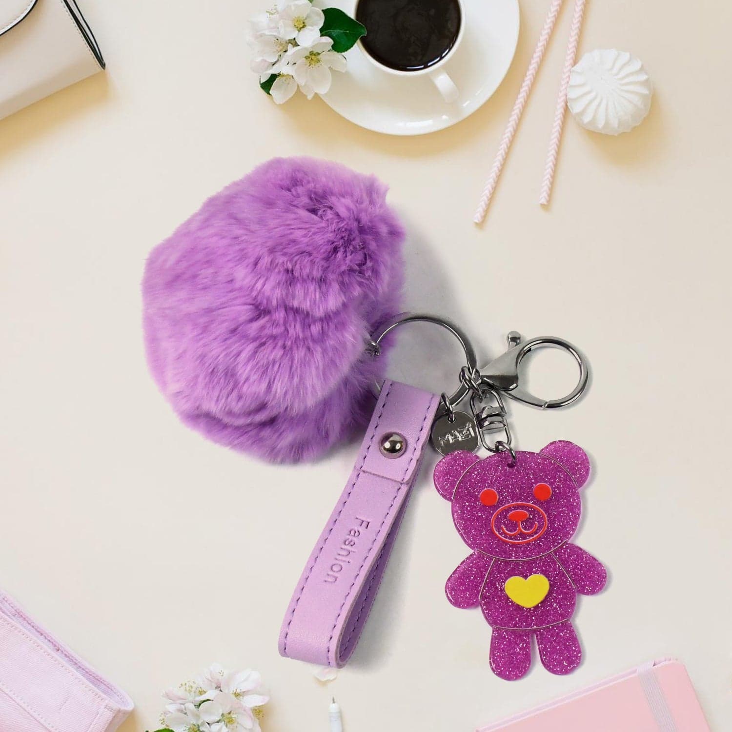 Cute Cartoon Keychain with Fluffy Pom (1 Pc) thumbnail 1