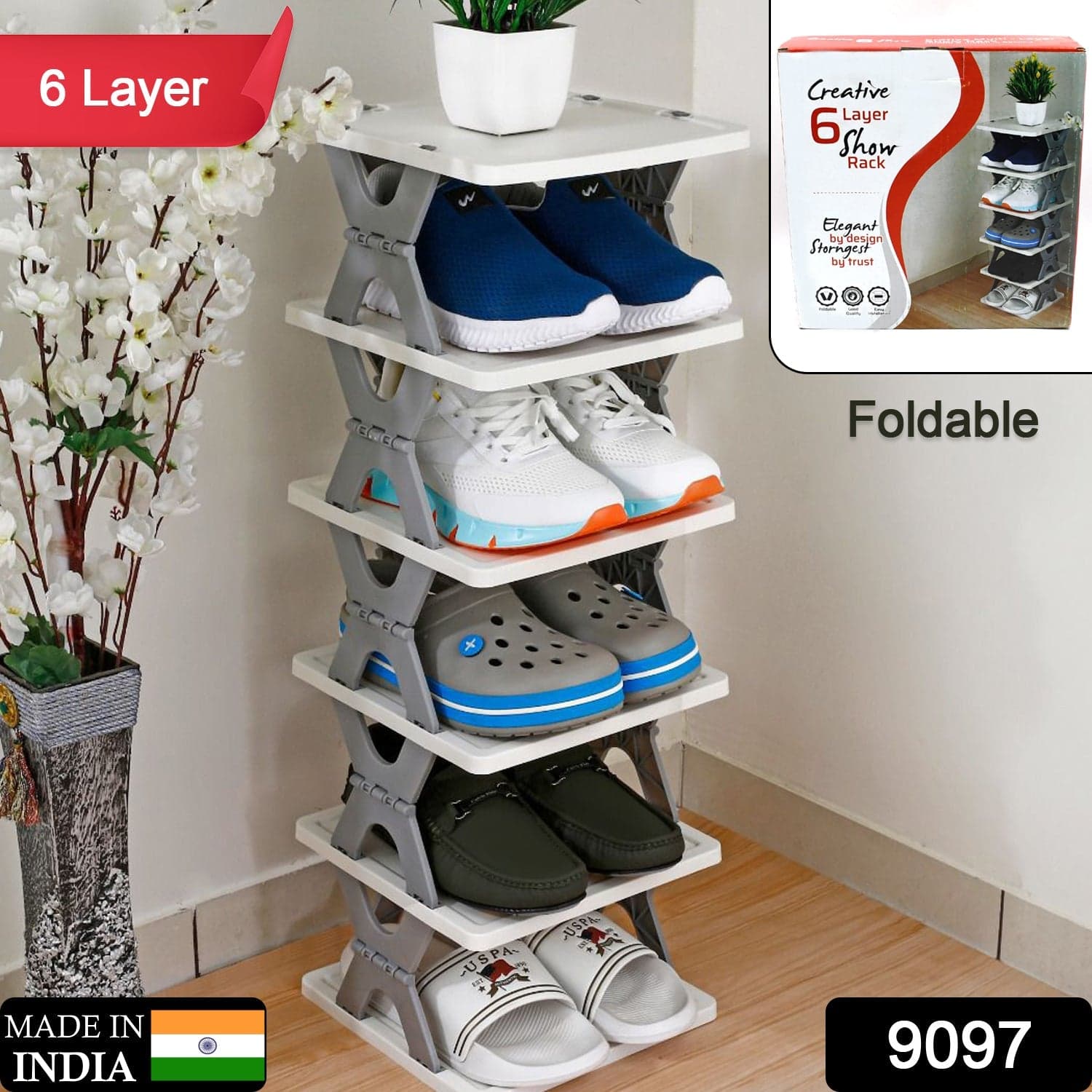 Smart 6-Layer Shoe Rack Of Foldable, Collapsible & Heavy-Duty Plastic Stand For Home Entryway Storage Organizer (Mix Color) thumbnail 2