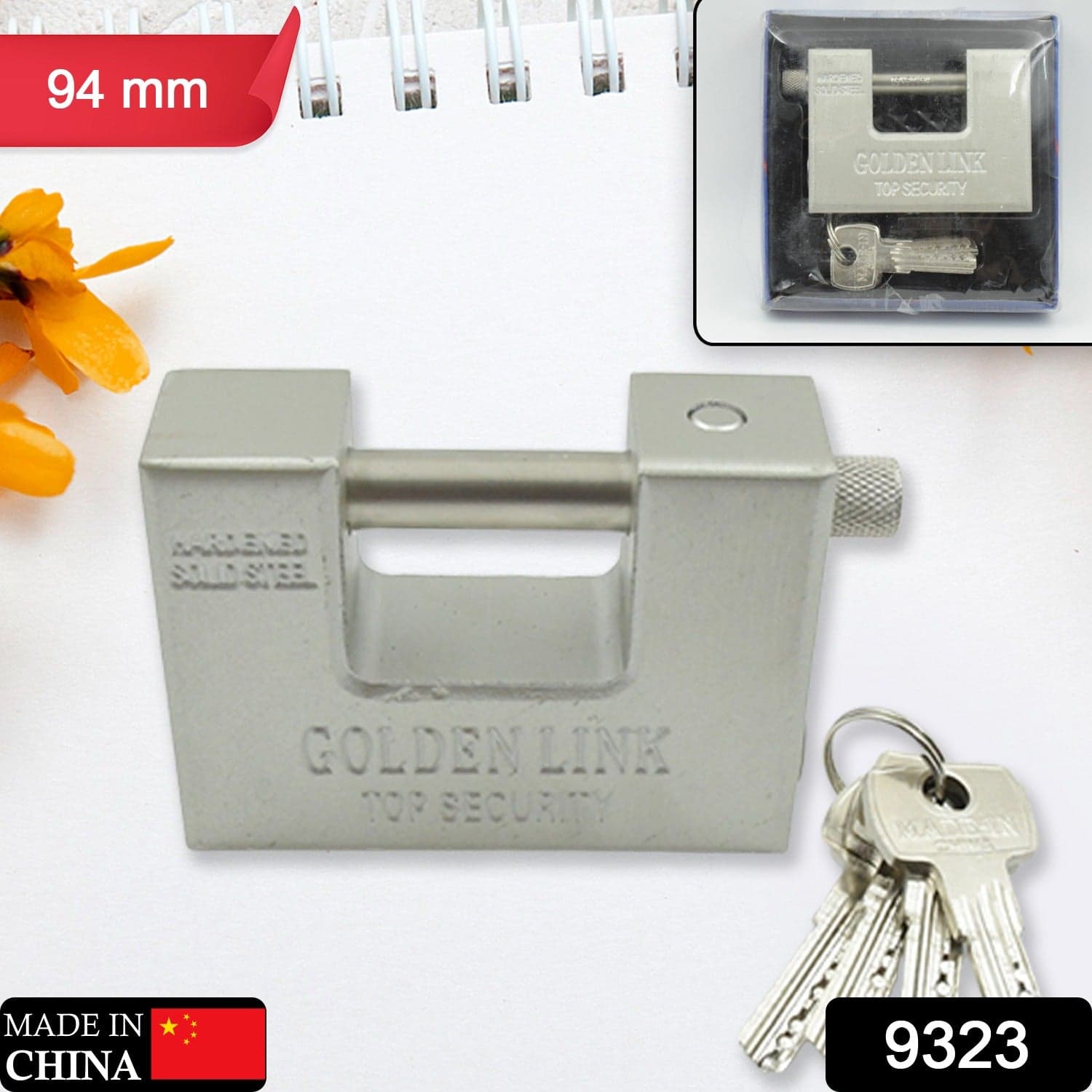 94mm Stainless Steel Padlock: Rectangular, Hardened Steel, 5 Keys thumbnail 2
