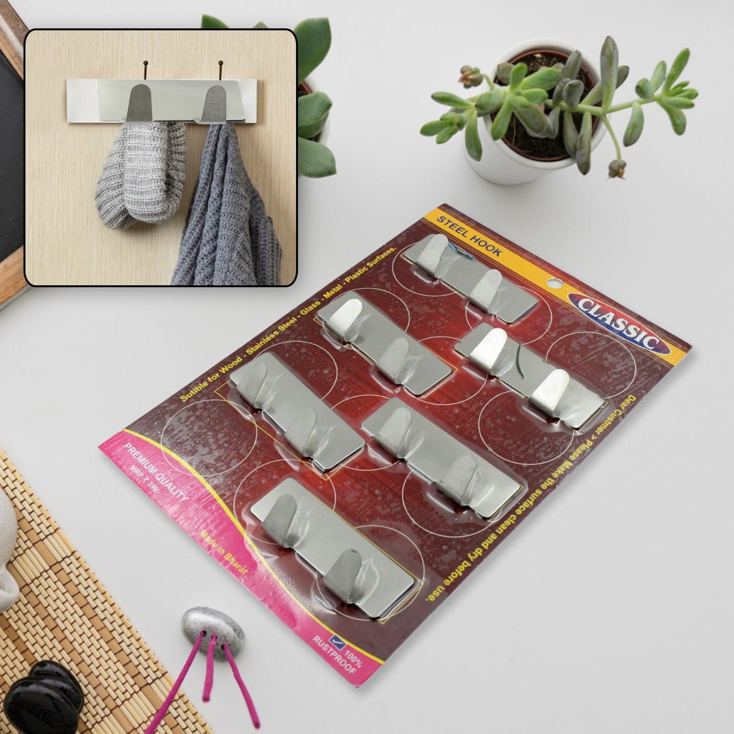 Self-Adhesive Wall Hooks (6 Pcs): Stainless Steel, Multipurpose for Home thumbnail 1