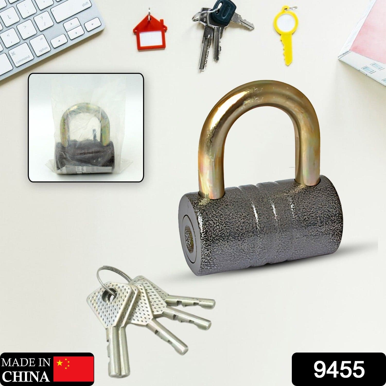 Heavy-Duty Iron Padlock Of 82Mm Black Spray Lock With Brass Core & 5 Keys thumbnail 2