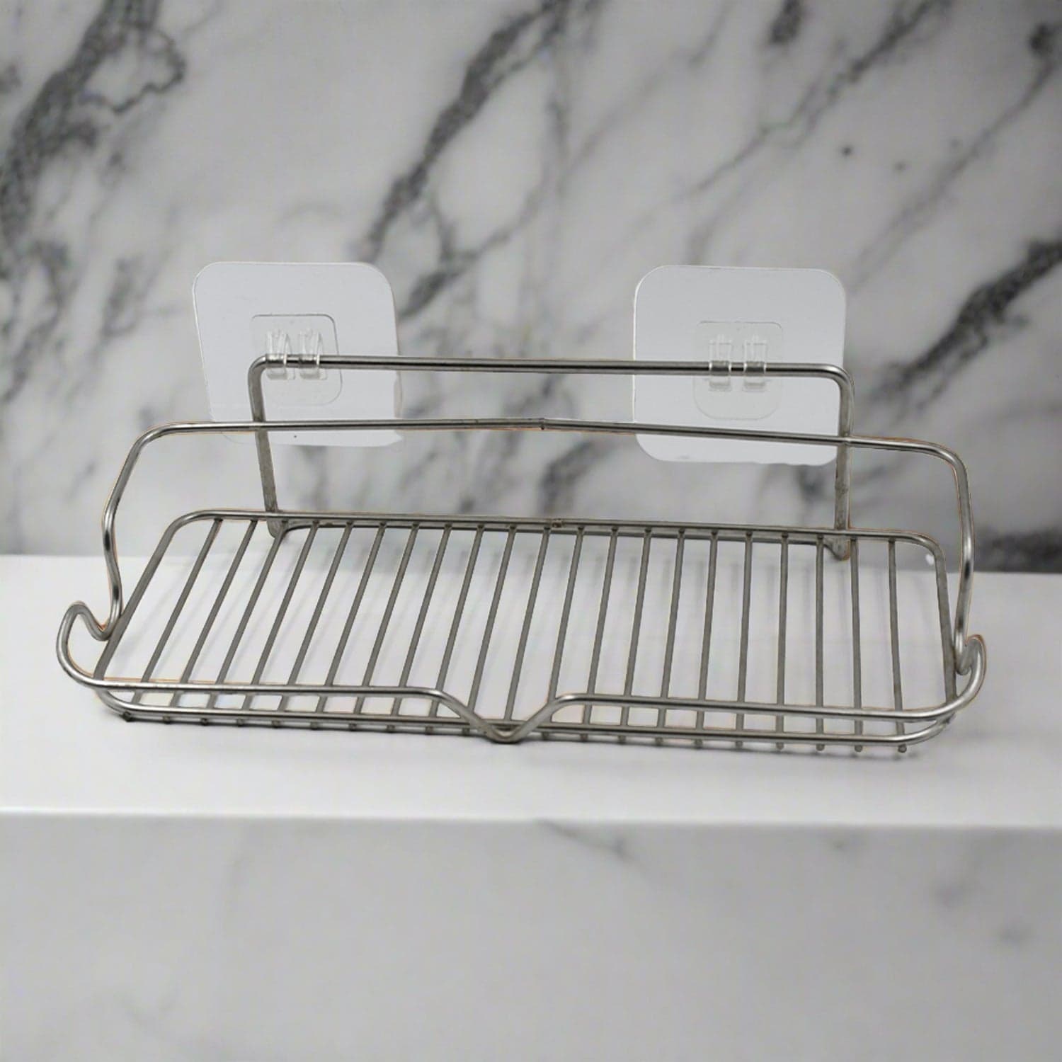 Stainless Steel Kitchen Bathroom Shower Shelf Storage Suction Basket Rack With 2 Hook (1 Pc) thumbnail 1