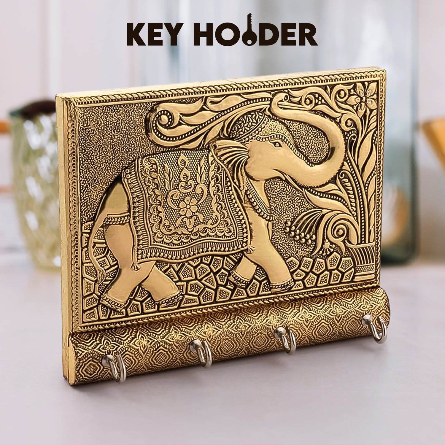 Wooden Key Holder for Home Decor Stylish Metal Gold Antique Elephant Design (1 Pc) thumbnail 1