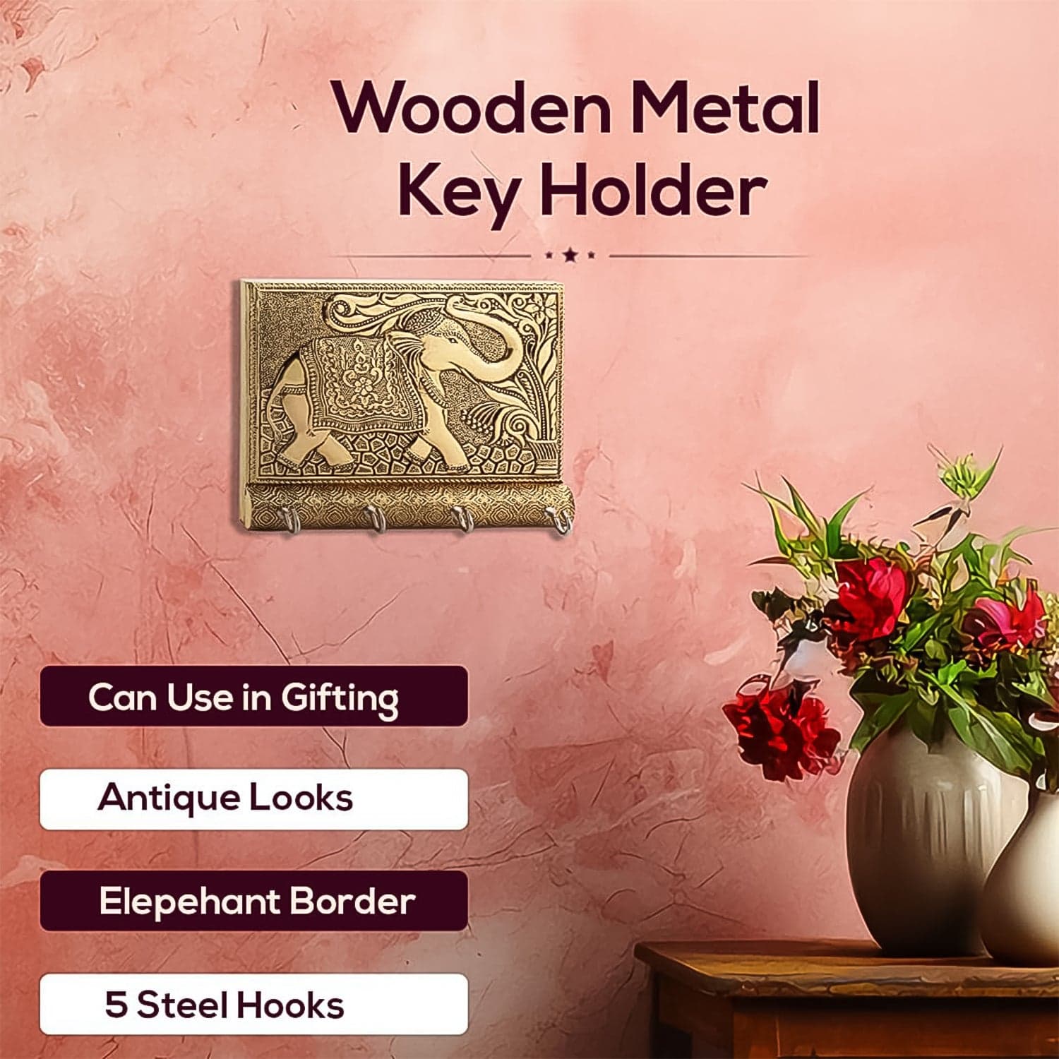Wooden Key Holder for Home Decor Stylish Metal Gold Antique Elephant Design (1 Pc) thumbnail 3