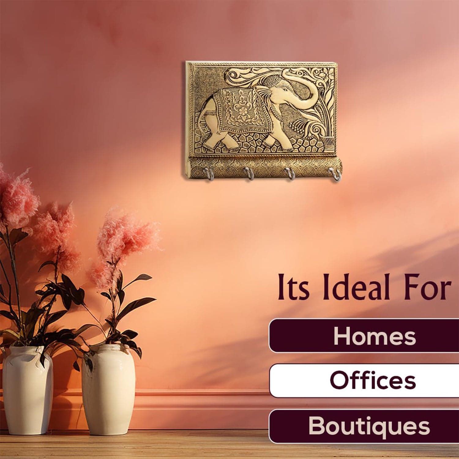 Wooden Key Holder for Home Decor Stylish Metal Gold Antique Elephant Design (1 Pc) thumbnail 5