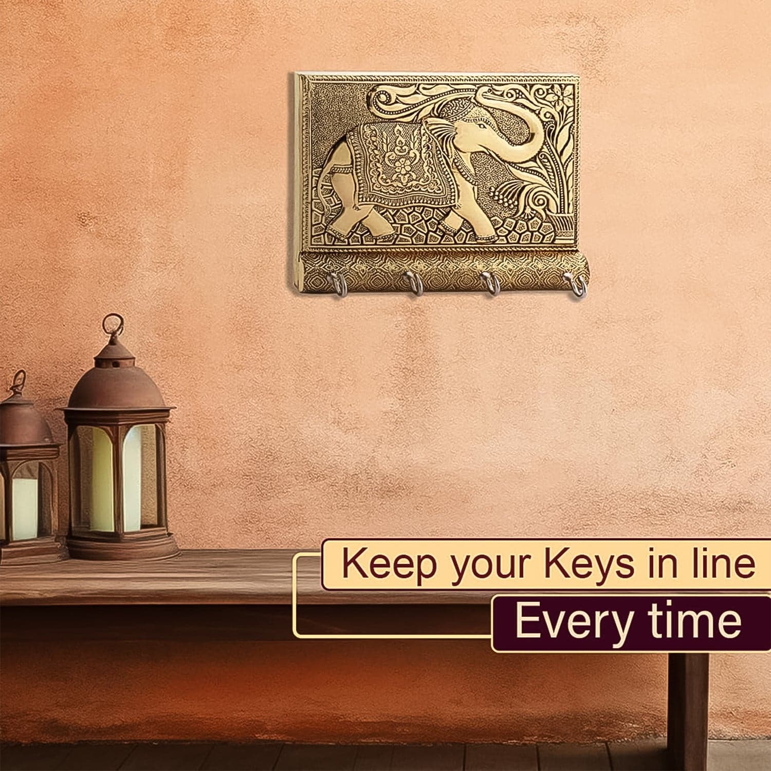 Wooden Key Holder for Home Decor Stylish Metal Gold Antique Elephant Design (1 Pc) thumbnail 6