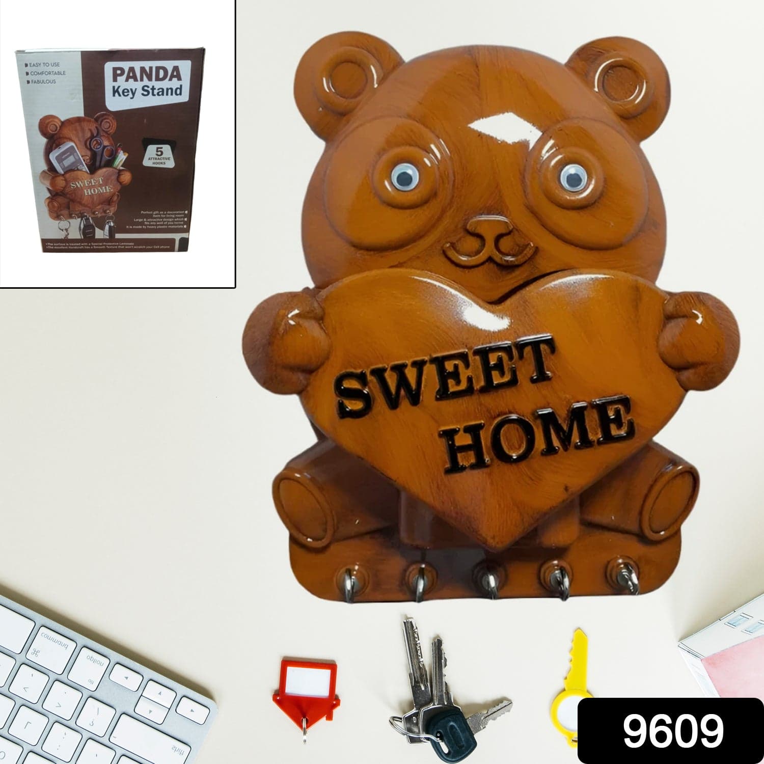 Cute Plastic Panda Key Holder, Wall Key Rack with 5 Hooks (1 Pc) thumbnail 2