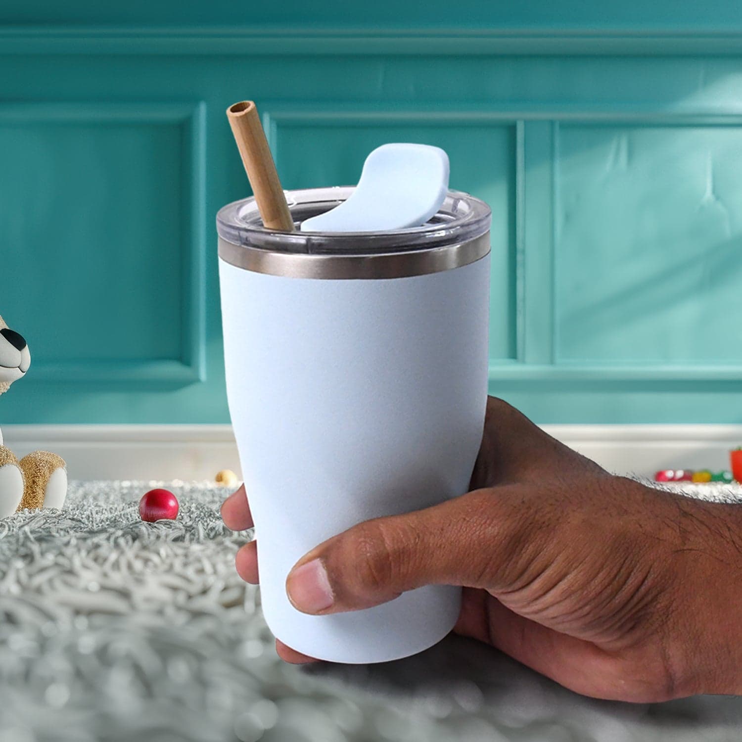 Stainless Steel Insulated Coffee Mug With Wooden Straw (350ml Approx) thumbnail 3