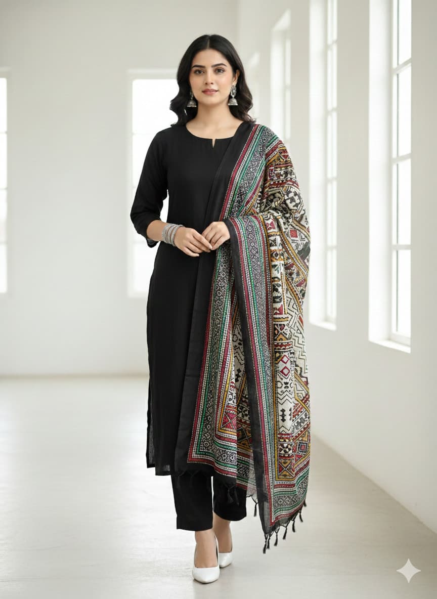 Women'S Elegant Black Cotton Kurta Set With Designer Ajrakh Print Dupatta | Ethnic Wear 3-Piece Set For Office & Casual Wear thumbnail 4