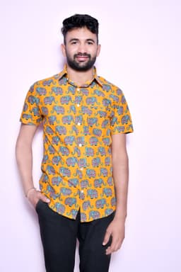 Men’S Cotton Printed Casual Shirt | Half Sleeve | Regular Fit | Elephant Ethnic Print