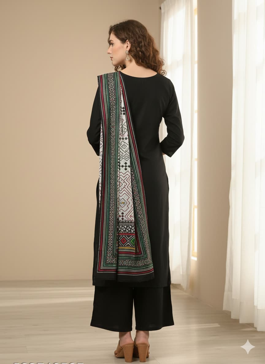 Women'S Elegant Black Cotton Kurta Set With Designer Ajrakh Print Dupatta | Ethnic Wear 3-Piece Set For Office & Casual Wear thumbnail 2