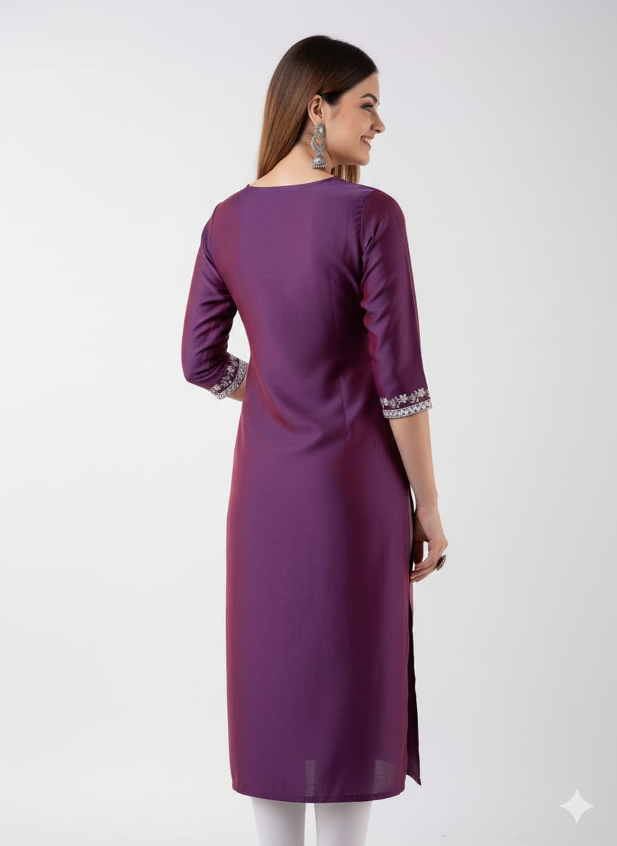 Women'S Wine Purple Silk Blend Straight Kurta With Embroidered Neck & Border thumbnail 2
