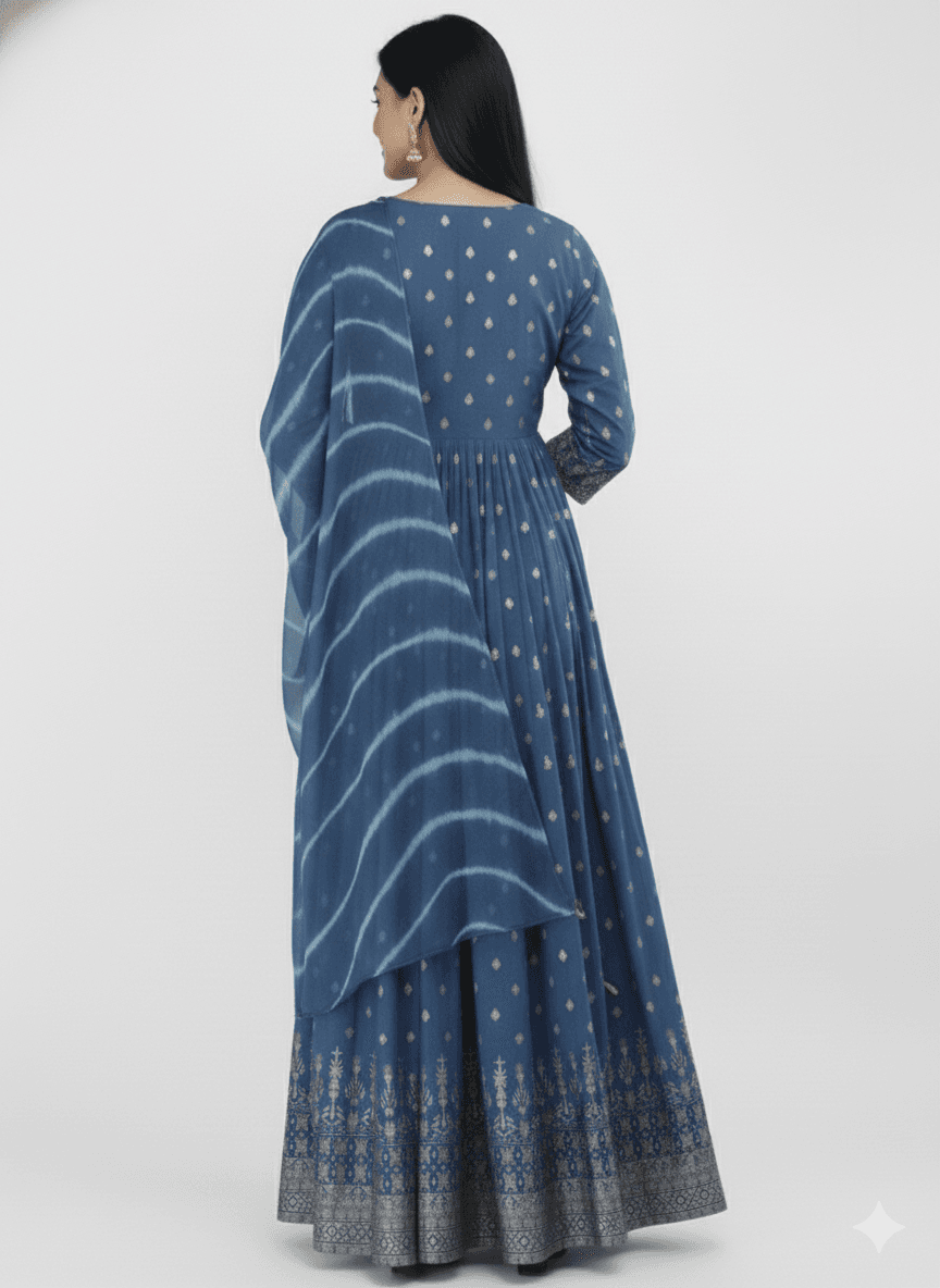 Women'S Anarkali Kurta With Leheriya Dupatta Set - Foil Print Ethnic Gown For Party & Festive Wear thumbnail 4