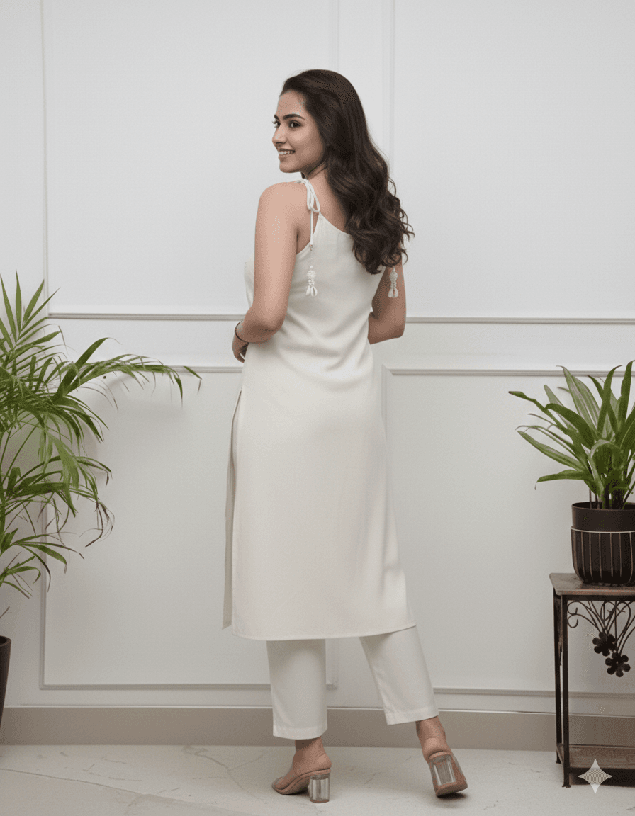Trendy Mirror Work Straight Kurta Set - Off White thumbnail 4