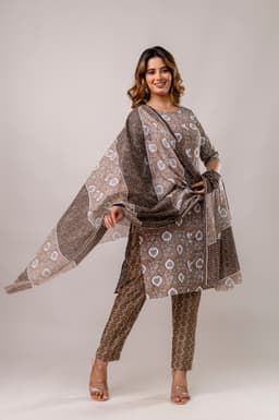 Beige And Brown With White Printed Motifs Straight Printed Suit