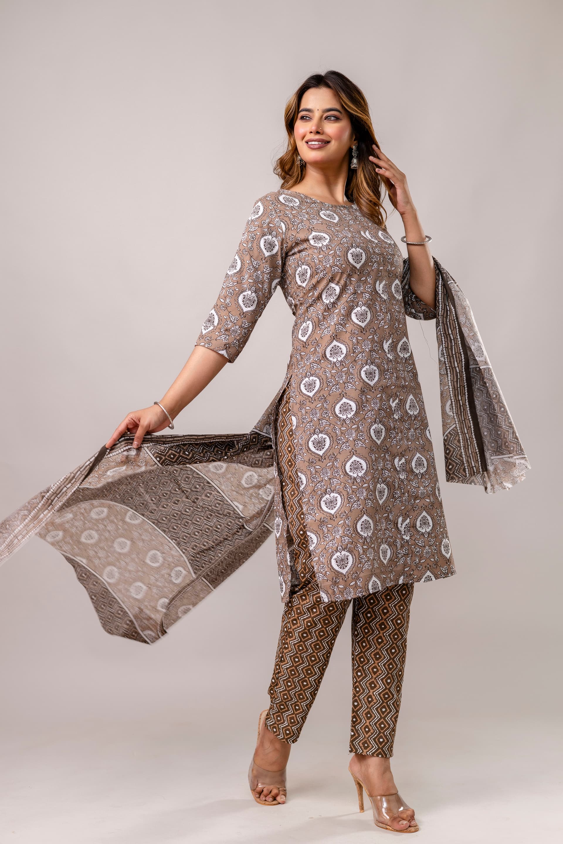 Beige And Brown With White Printed Motifs Straight Printed Suit thumbnail 2