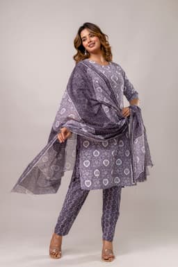 Lavender Cotton Straight Printed Kurta Straight Palazzo Suit Set