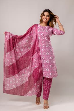 Pink Cotton Straight Printed Kurta Straight Palazzo Suit Set