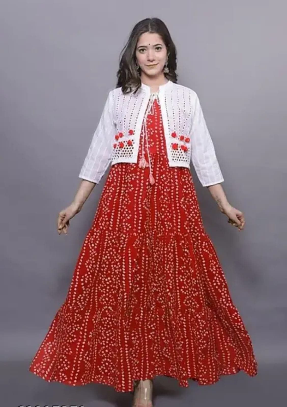Orange Purple Printed Gown Dress With White Jacket Set Stylish thumbnail 6