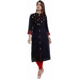 Women Printed Straight Kurti With Mandarin Collar And Button Placket (Black/Red)