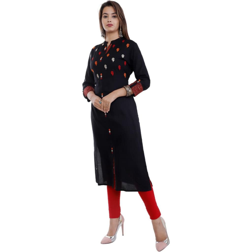 Women Printed Straight Kurti With Mandarin Collar And Button Placket (Black/Red) thumbnail 2