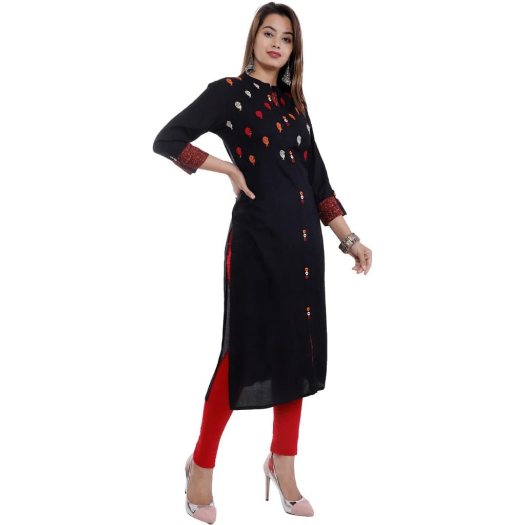 Women Printed Straight Kurti With Mandarin Collar And Button Placket (Black/Red) thumbnail 3