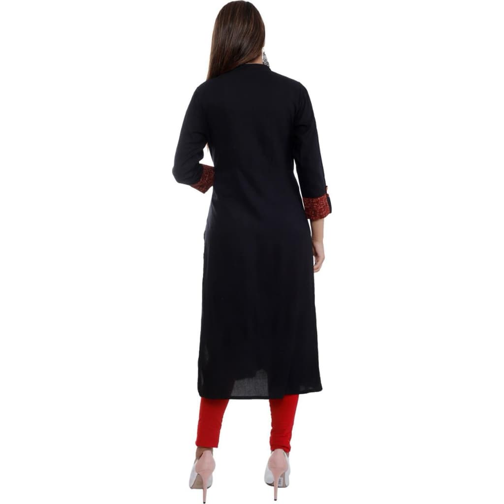 Women Printed Straight Kurti With Mandarin Collar And Button Placket (Black/Red) thumbnail 4