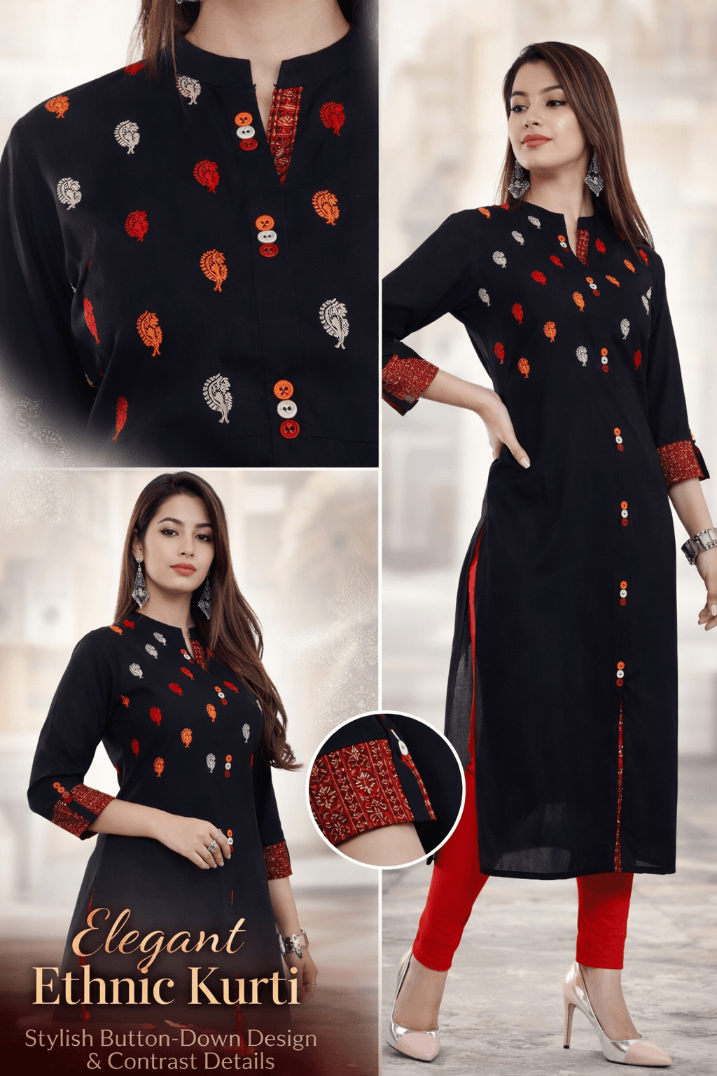Women Printed Straight Kurti With Mandarin Collar And Button Placket (Black/Red) thumbnail 6