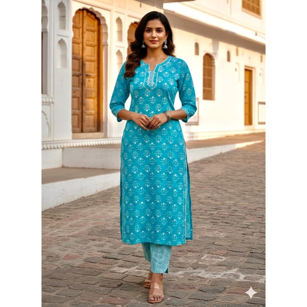 Women’S Printed Blue Kurta Pant Set | Ethnic Straight Kurta With Comfortable Pants thumbnail 1