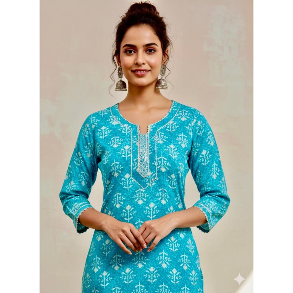 Women’S Printed Blue Kurta Pant Set | Ethnic Straight Kurta With Comfortable Pants thumbnail 2