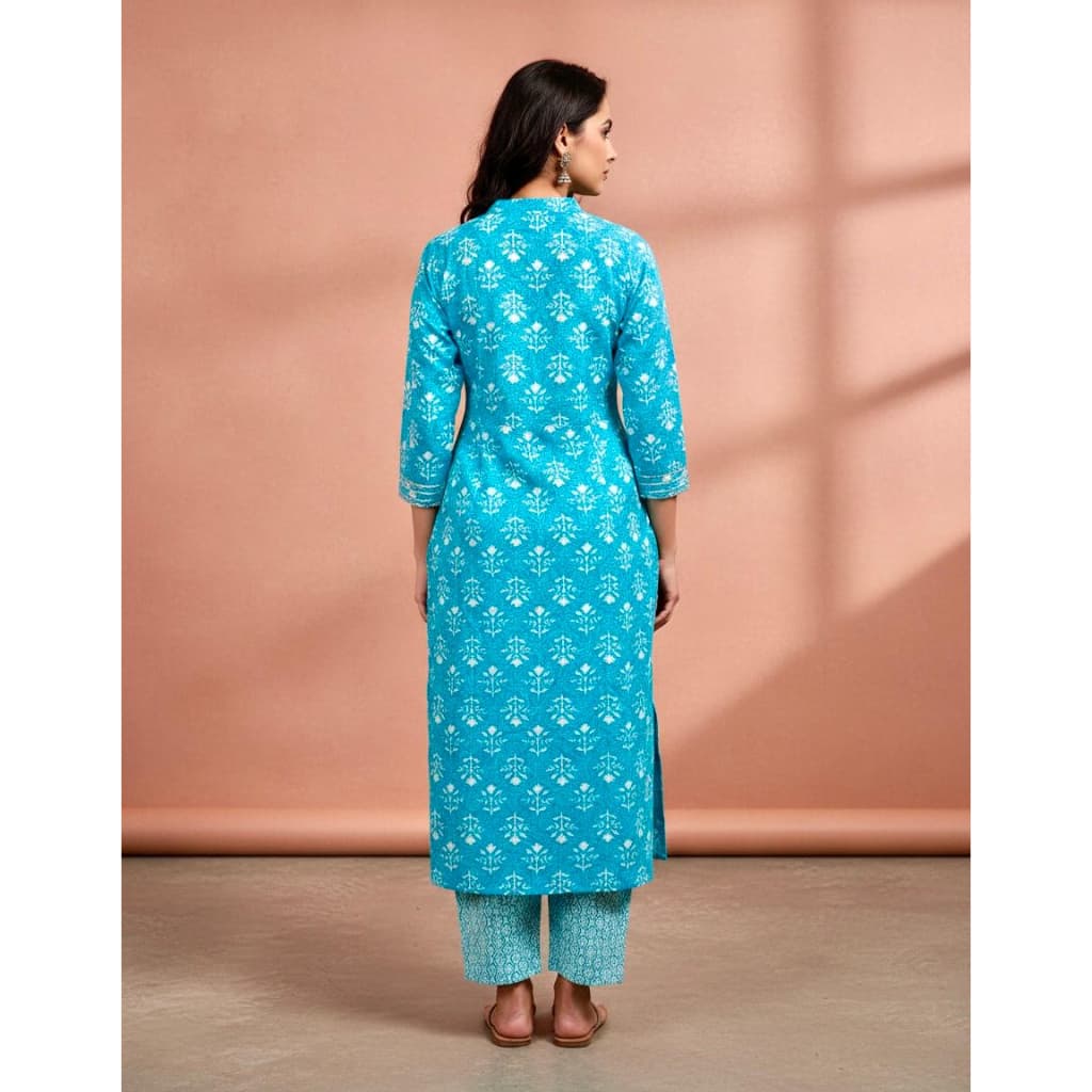 Women’S Printed Blue Kurta Pant Set | Ethnic Straight Kurta With Comfortable Pants thumbnail 3