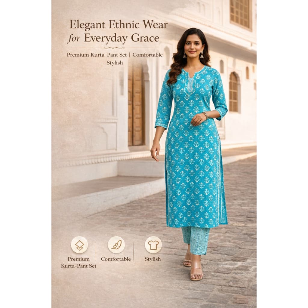 Women’S Printed Blue Kurta Pant Set | Ethnic Straight Kurta With Comfortable Pants thumbnail 5