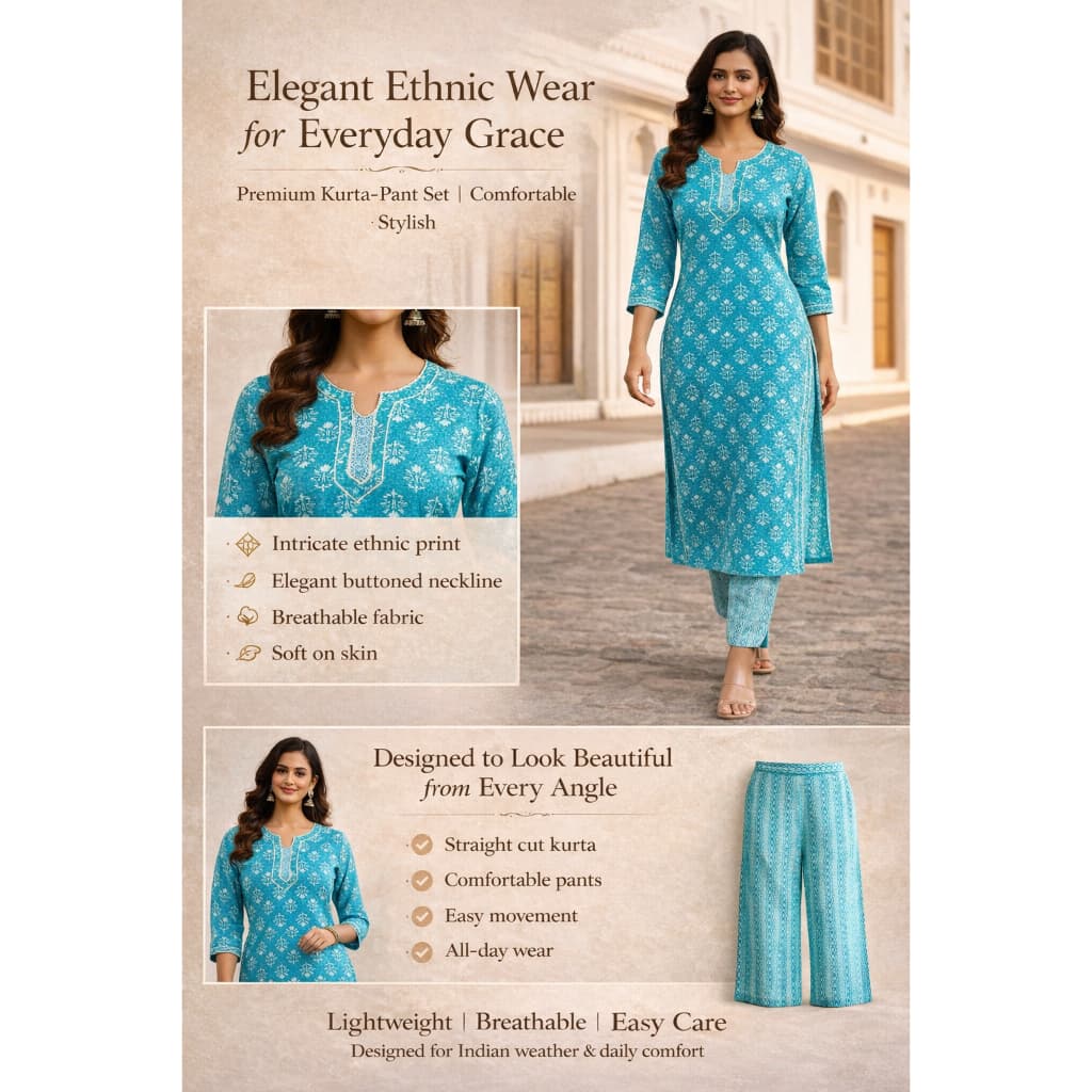 Women’S Printed Blue Kurta Pant Set | Ethnic Straight Kurta With Comfortable Pants thumbnail 6