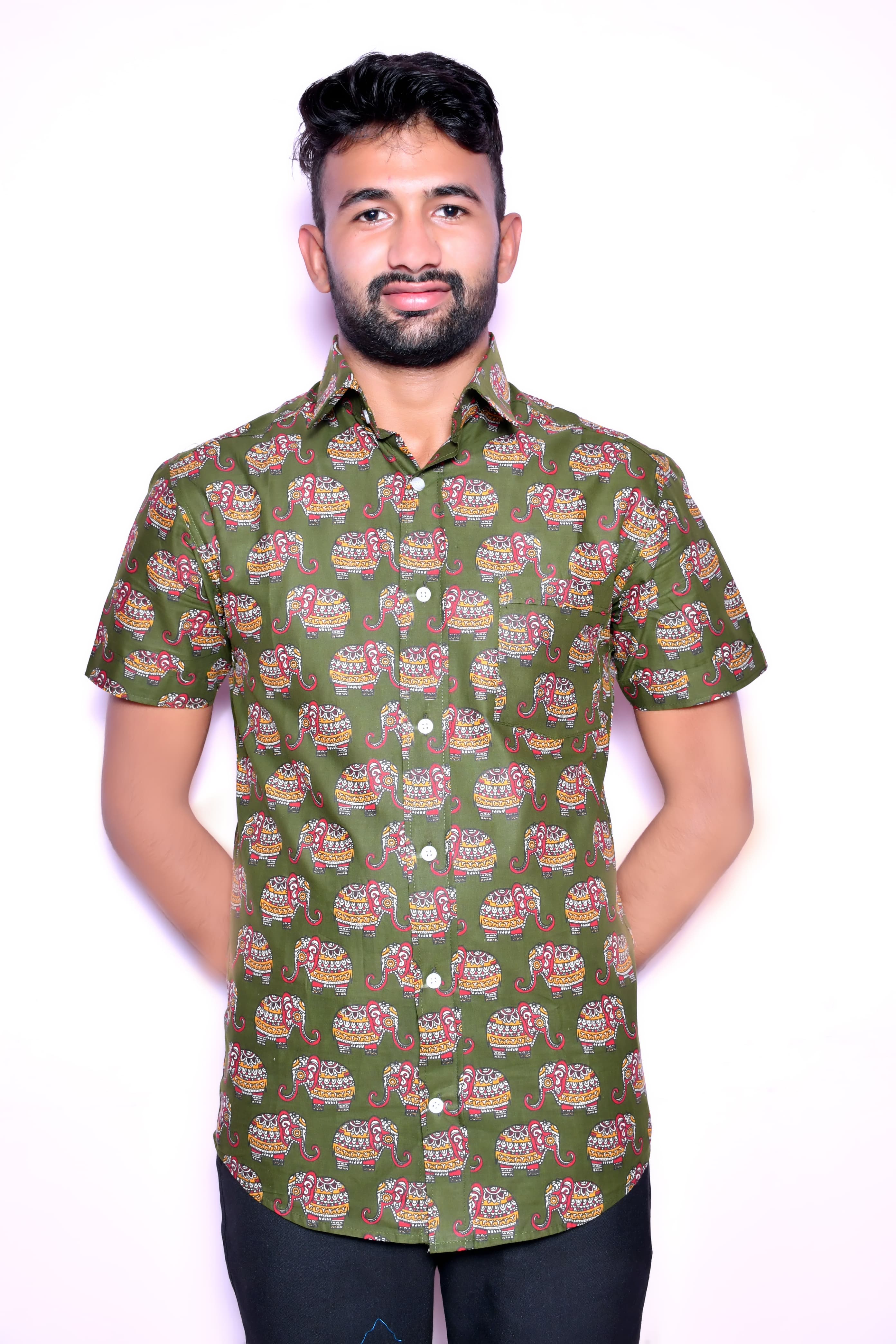 Men’S Cotton Printed Casual Shirt | Half Sleeve | Regular Fit | Elephant Ethnic Print thumbnail 1