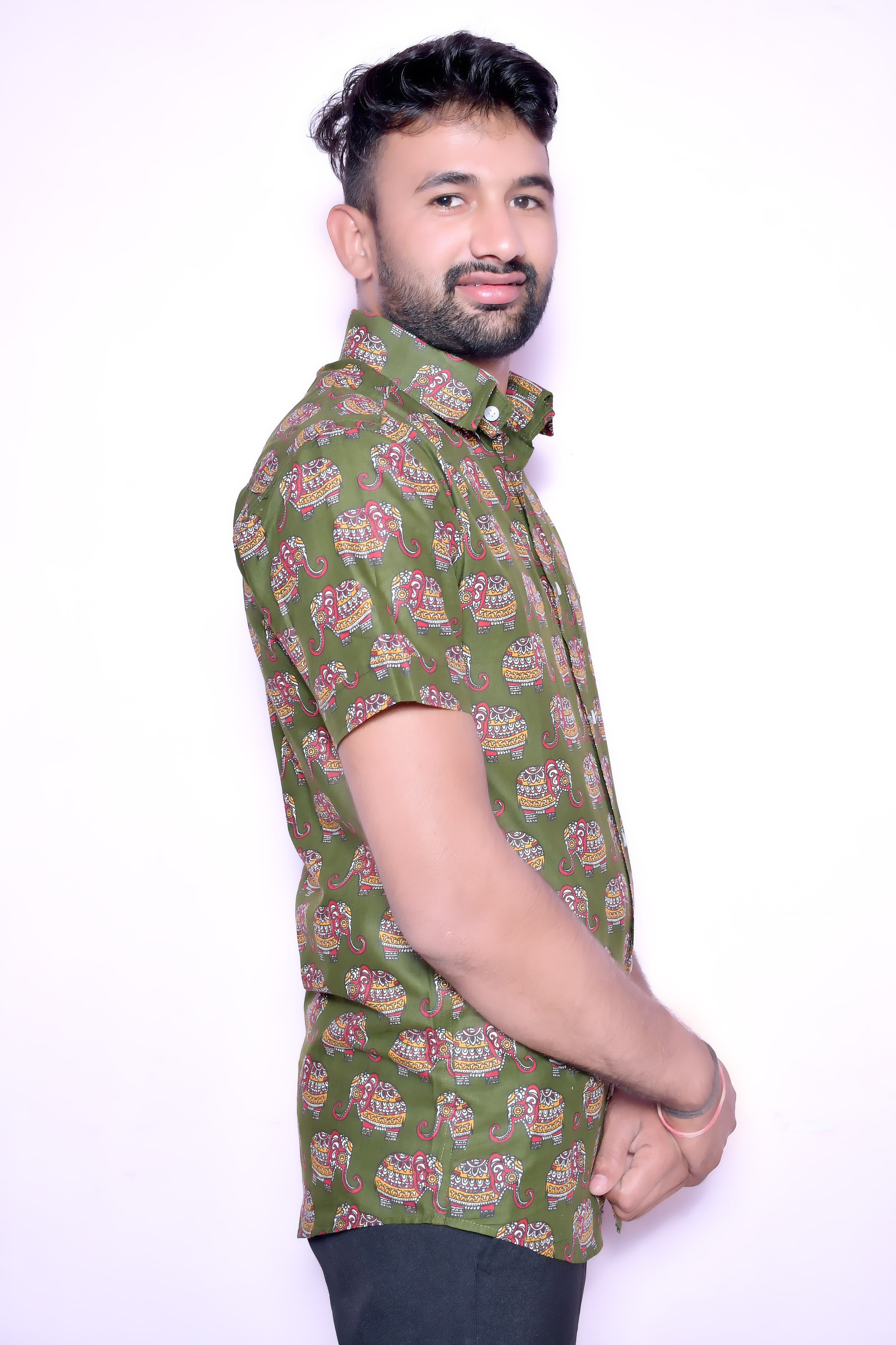 Men’S Cotton Printed Casual Shirt | Half Sleeve | Regular Fit | Elephant Ethnic Print thumbnail 3