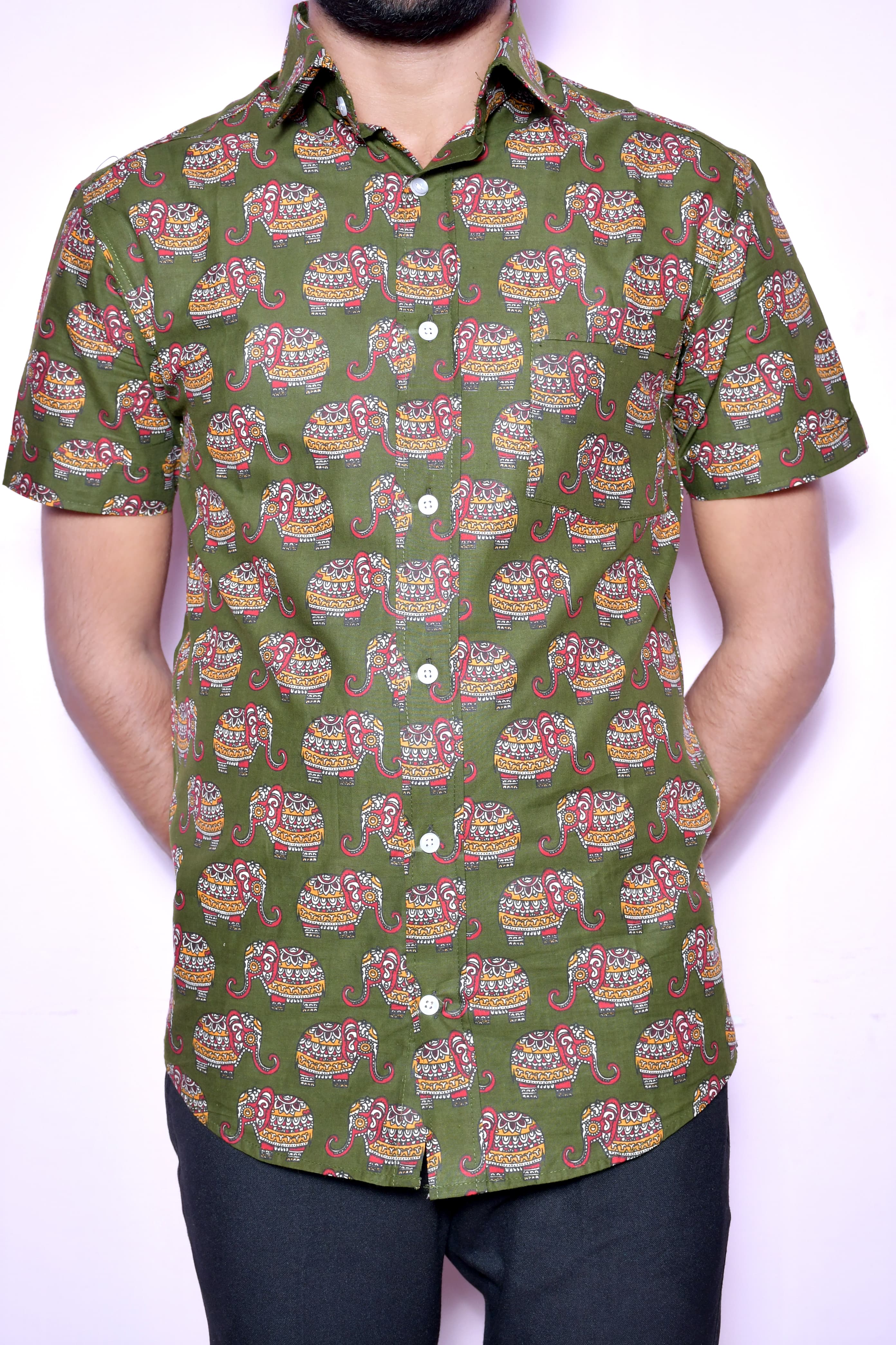 Men’S Cotton Printed Casual Shirt | Half Sleeve | Regular Fit | Elephant Ethnic Print thumbnail 4
