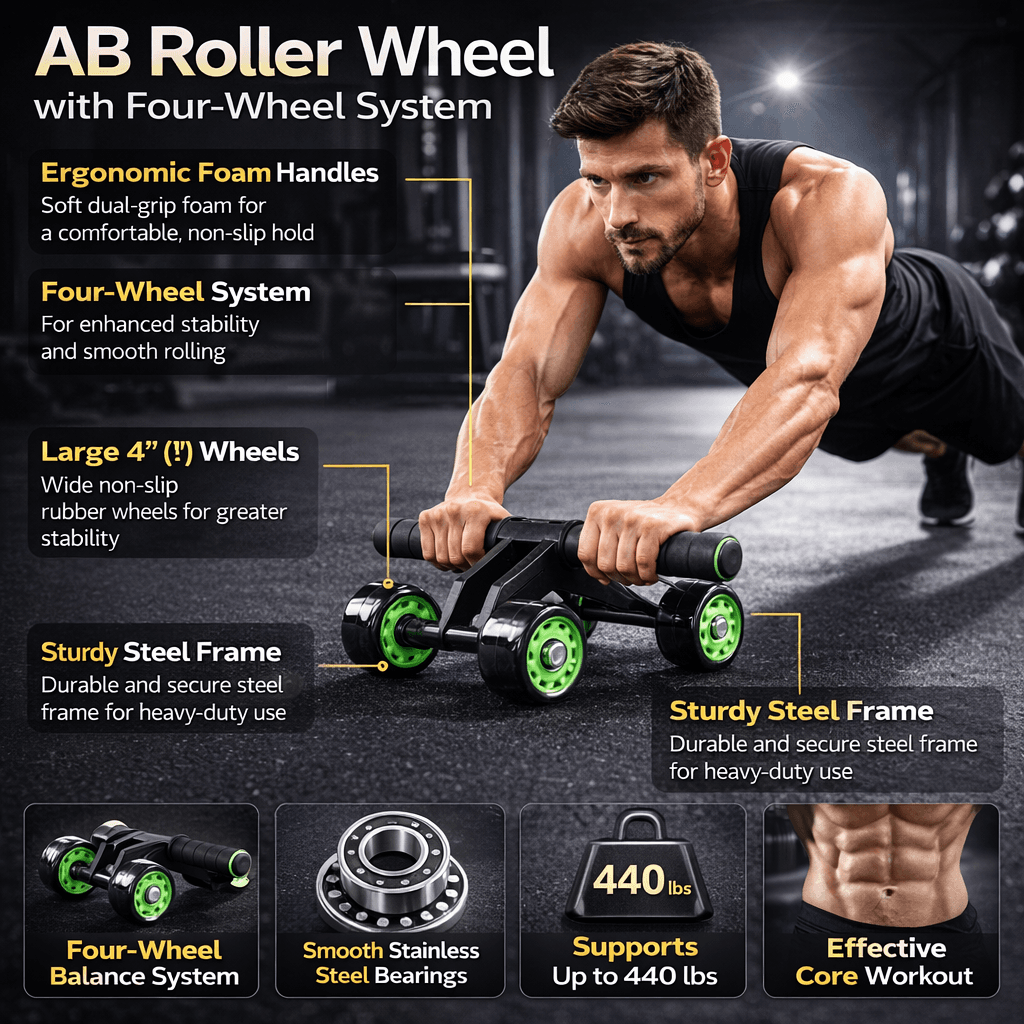 4-Wheel AB Roller Wheel For Core Strength Training With Anti-Slip Handles & Heavy-Duty Frame thumbnail 3