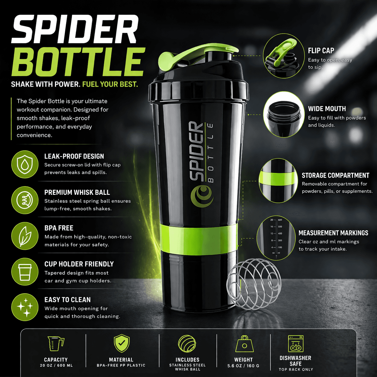 Spider Bottle Premium Protein Shaker – Leak-Proof Gym Bottle With Whisk Ball & Storage Compartment thumbnail 3