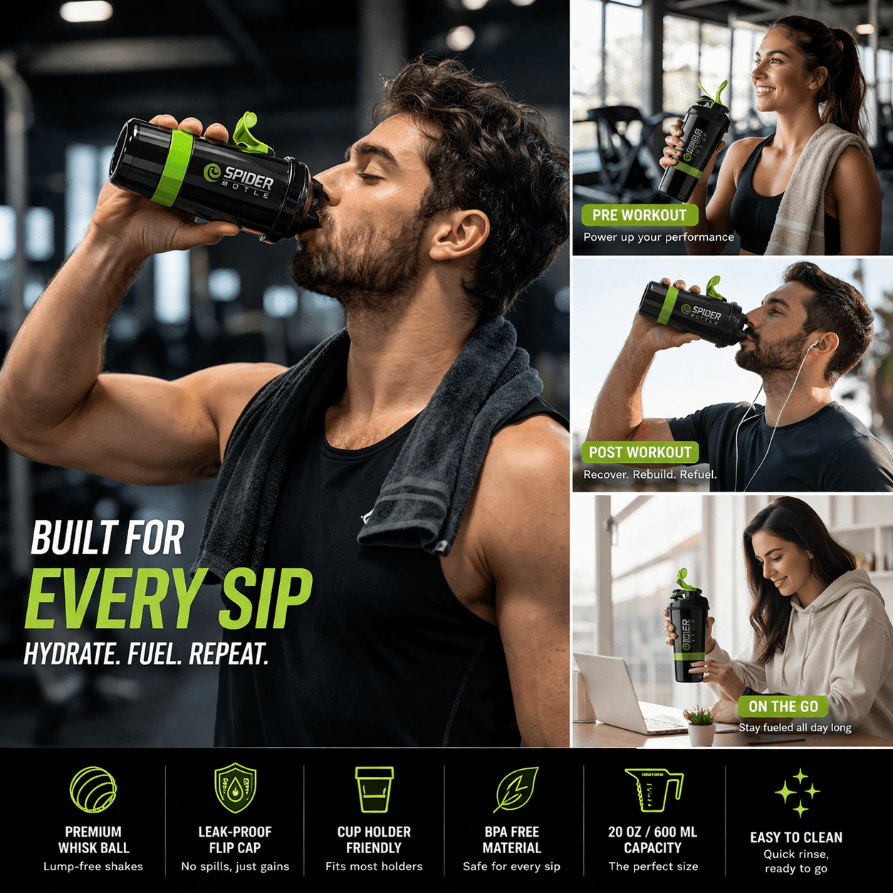 Spider Bottle Premium Protein Shaker – Leak-Proof Gym Bottle With Whisk Ball & Storage Compartment thumbnail 2