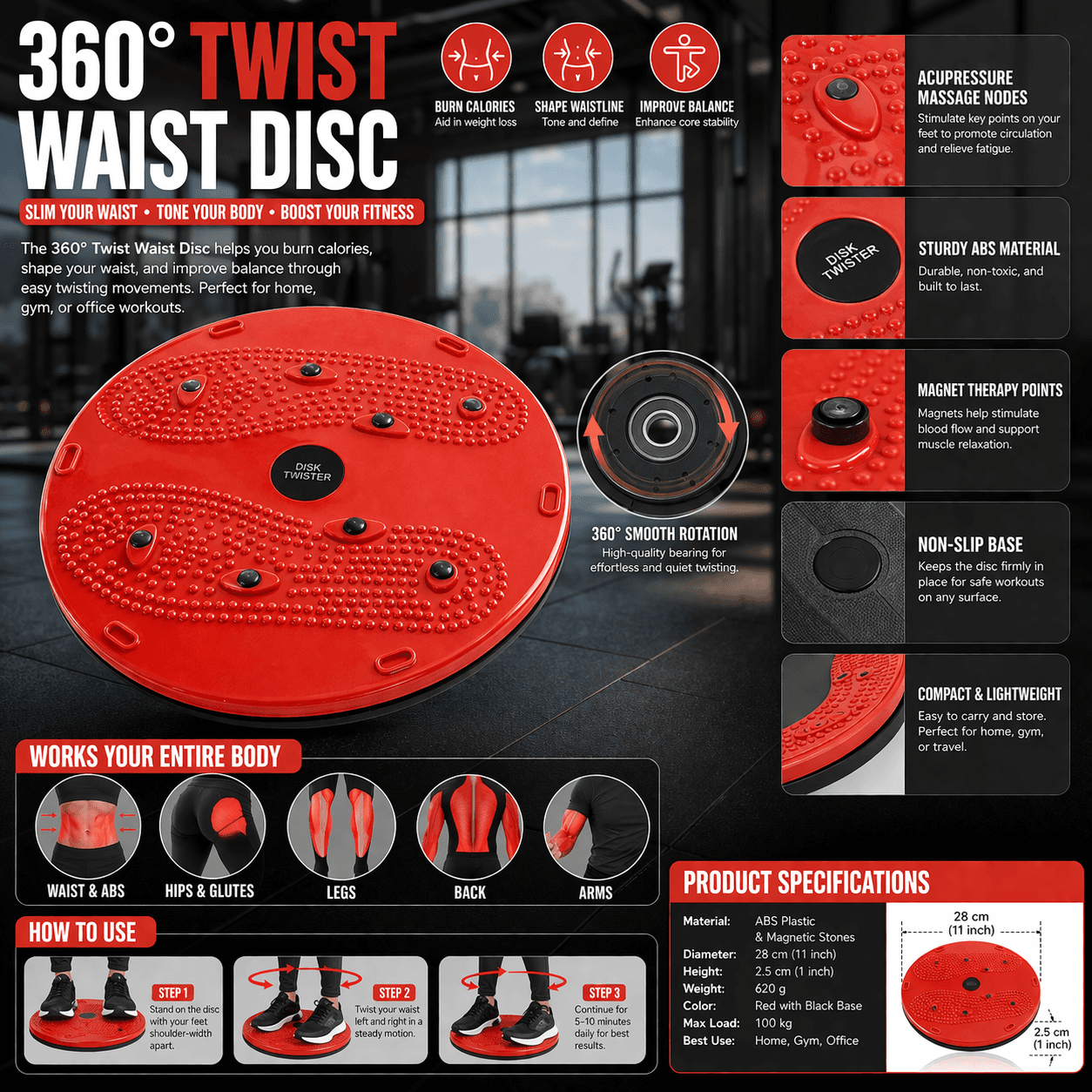 360° Twist Waist Disc With Acupressure Massage Nodes – Anti-Slip Waist Twister For Fitness, Balance & Core Training thumbnail 3
