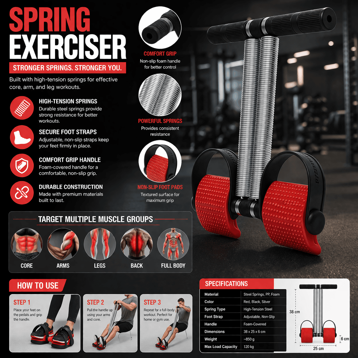 Adjustable Dual-Spring Ab Roller With Knee Pads – Heavy-Duty Core Strength Trainer thumbnail 2