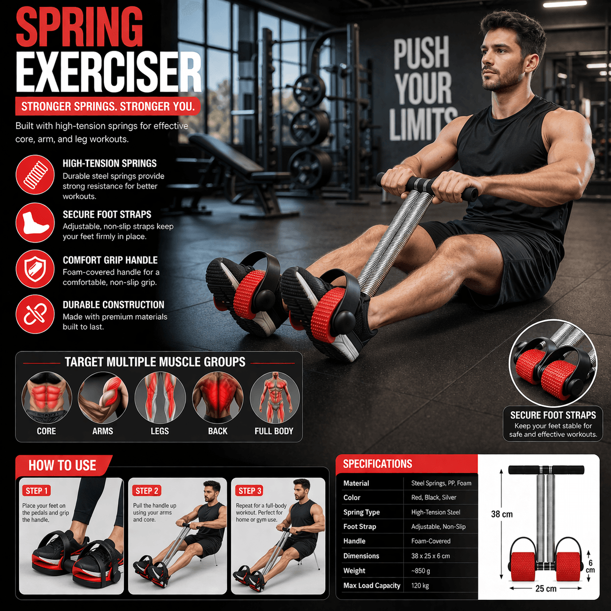 Adjustable Pedal Puller Resistance Band With Dual Springs – Full Body Home Workout Trainer thumbnail 3