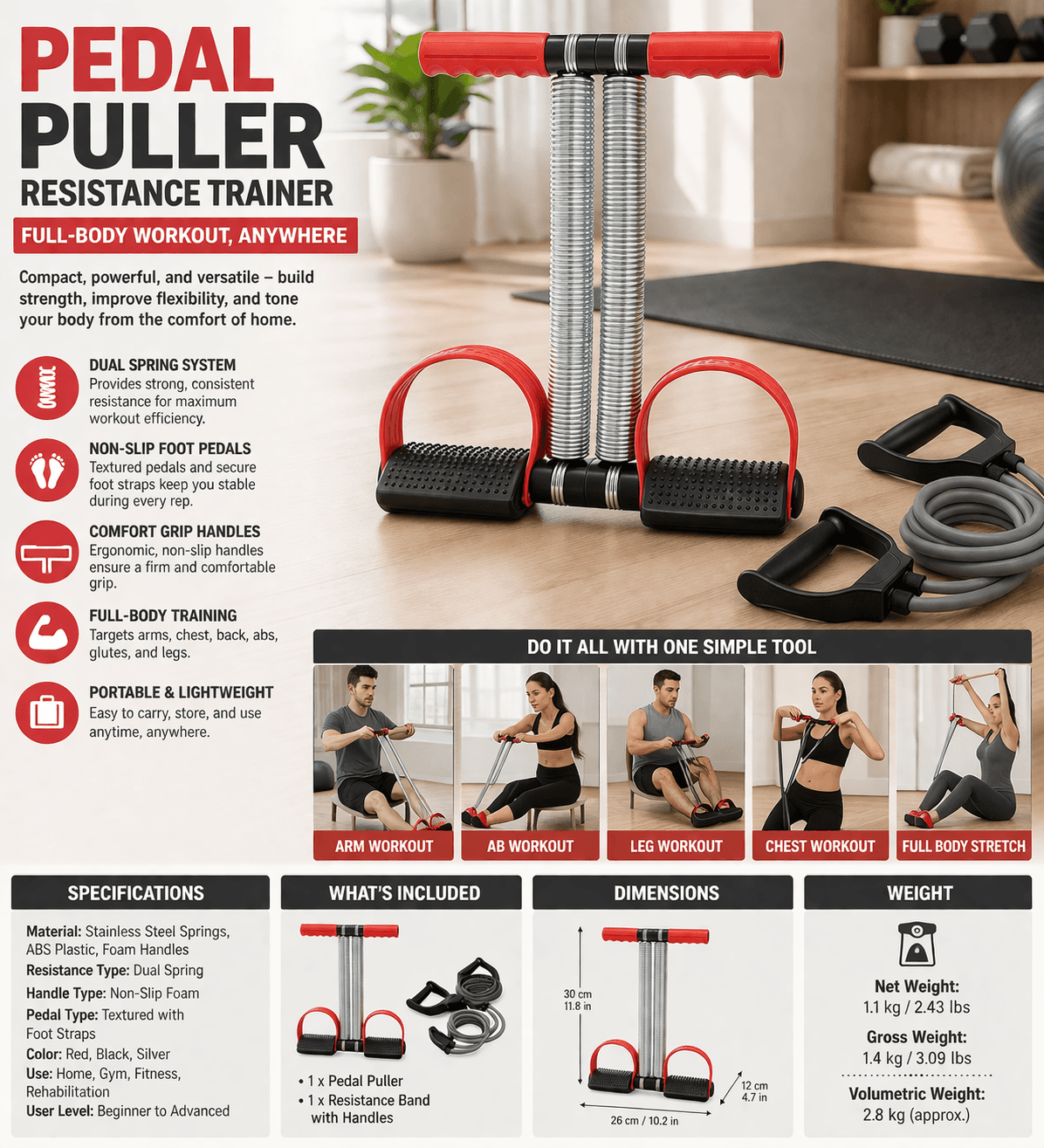 Pedal Puller Resistance Trainer With Dual Springs & Resistance Band Set – Full Body Home Workout Equipment thumbnail 2