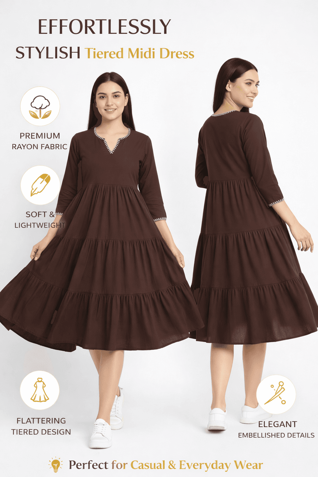 Women'S Tiered Cotton Dress | V-Neck Ethnic Fusion Knee-Length One Piece | Women'S Boho-Style Tiered Cotton Kurti Dress thumbnail 5